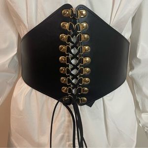 Black PU leather lace up  elastic waistband corset belt